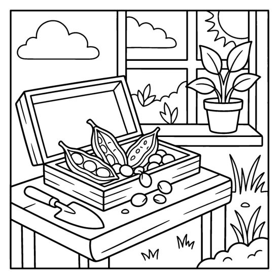 Split seed pods spilling round seeds in a tray on a potting bench, coloring page