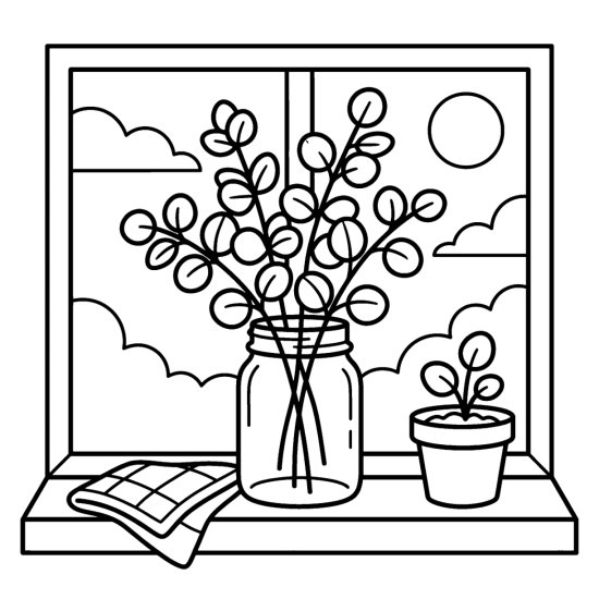 Round leaved eucalyptus stems in a clear glass jar on a windowsill, coloring sheet