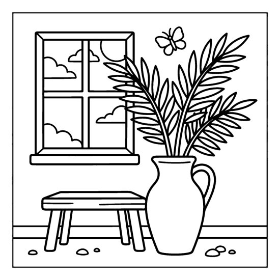 Tall arching palm fronds standing in a ceramic jug beside a low bench, coloring page