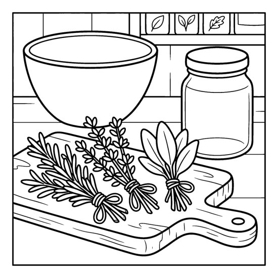 Three twine tied herb bundles resting on a wooden cutting board, coloring sheet