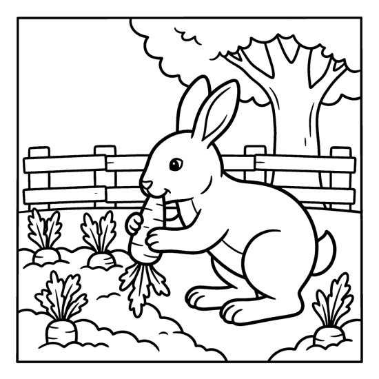 A bunny nibbling a carrot in a vegetable bed with a fence and tree, coloring page