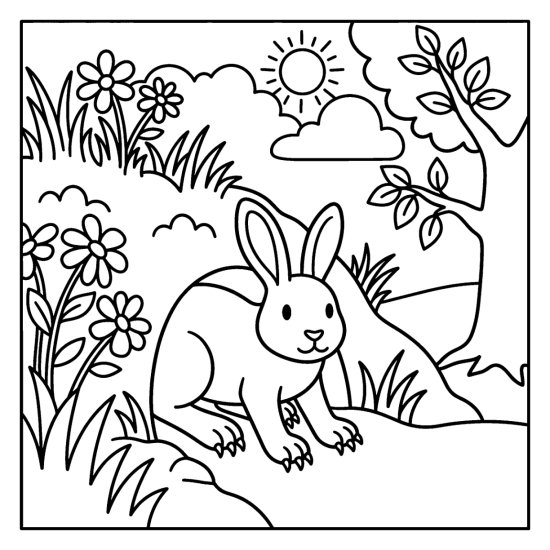 A bunny peeking from a den on a grassy hillside with wildflowers, coloring page