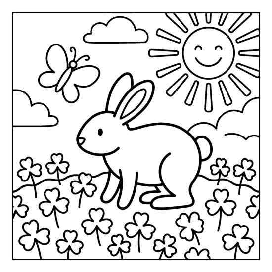 A bunny grazing in a wide field of clover with a butterfly and sun, coloring sheet