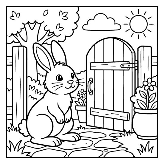 A bunny sitting beside an open garden gate with potted flowers and a path, coloring page