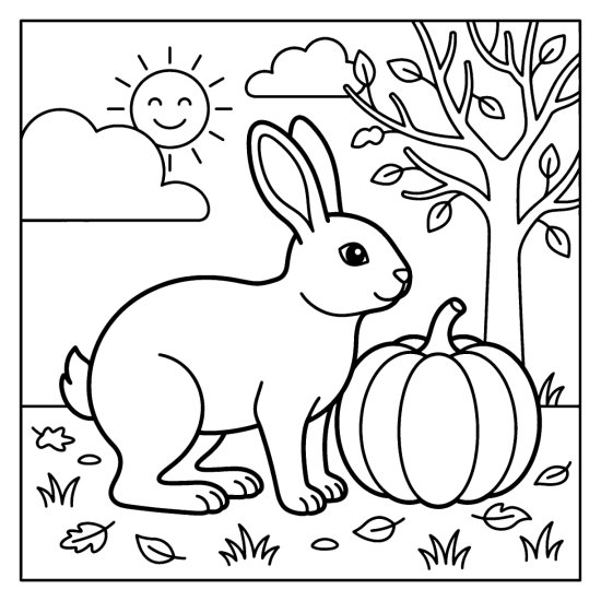 A bunny beside a round pumpkin in a fall garden with dry leaves and a tree, coloring sheet
