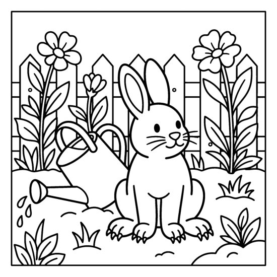 A bunny sitting next to a tipped watering can in a flower garden with a fence, coloring page