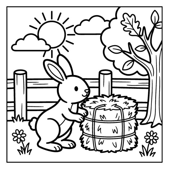 A bunny leaning against a round hay bale in a farmyard with a fence and tree, coloring sheet