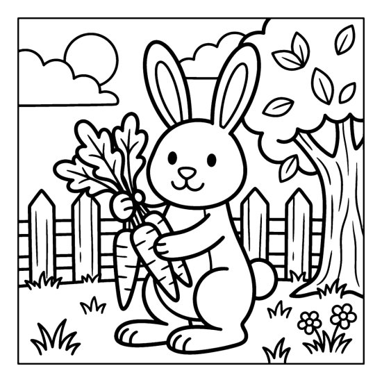 A bunny holding a bunch of carrots by their leafy tops in a garden, coloring page