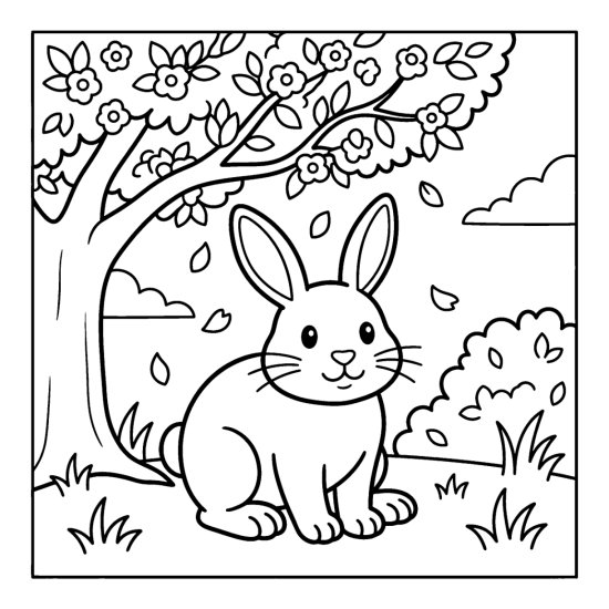 A bunny sitting under a flowering tree with petals drifting down, coloring sheet