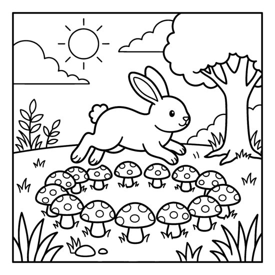 A bunny hopping through a ring of rounded mushrooms in a field, coloring page