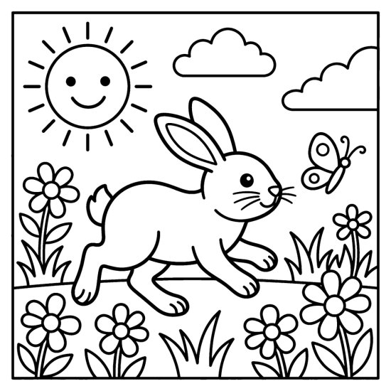 A bunny following a fluttering butterfly across a field of flowers, coloring sheet