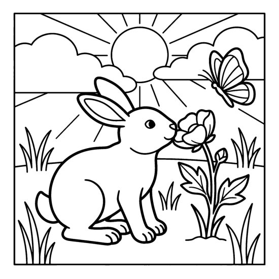 A bunny sniffing a tall buttercup with a butterfly and a sun overhead, coloring sheet