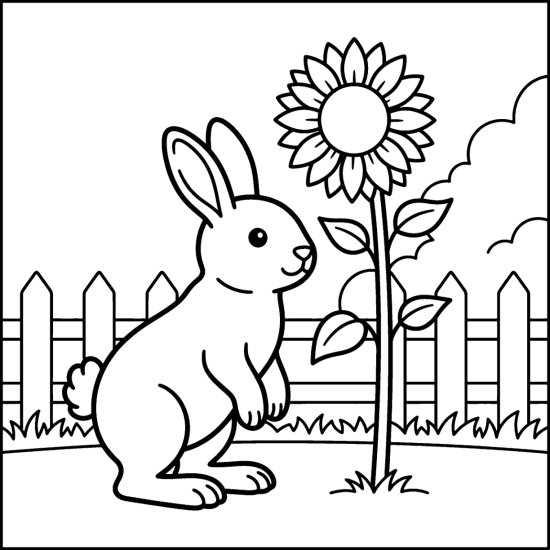 A bunny beside a single tall sunflower in a garden with a fence, coloring page