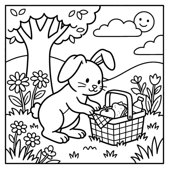 A bunny peeking into a picnic basket on a grassy lawn with flowers, coloring sheet