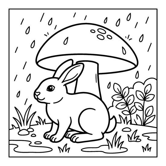 A bunny sheltering under a big mushroom cap during a rain shower with puddles, coloring page