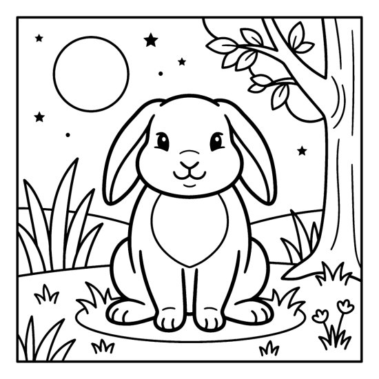 A bunny sitting upright under a full moon and a few stars, coloring sheet
