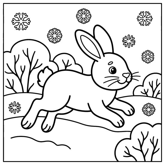 A bunny hopping through a snowy garden with bare bushes and snowflakes, coloring page