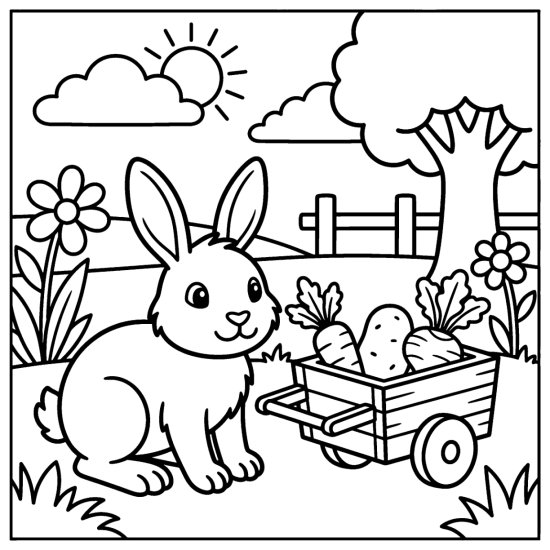 A bunny beside a small wooden cart loaded with vegetables in a garden, coloring sheet