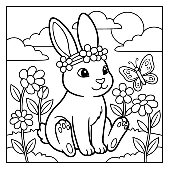 A bunny wearing a simple petal wreath sitting in a field of blooms, coloring page