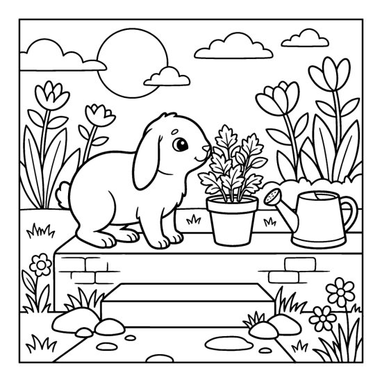 A bunny sniffing a potted herb on a garden step with a watering can, coloring sheet