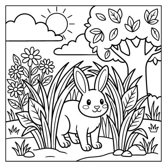 A bunny peeking through a clump of tall grass with flowers and a tree, coloring page