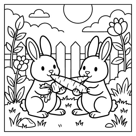 Two bunnies sharing one long carrot in a garden with a fence and flowers, coloring sheet