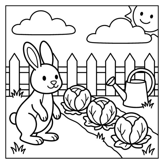 A bunny upright beside a row of round cabbages with a fence and watering can, coloring page