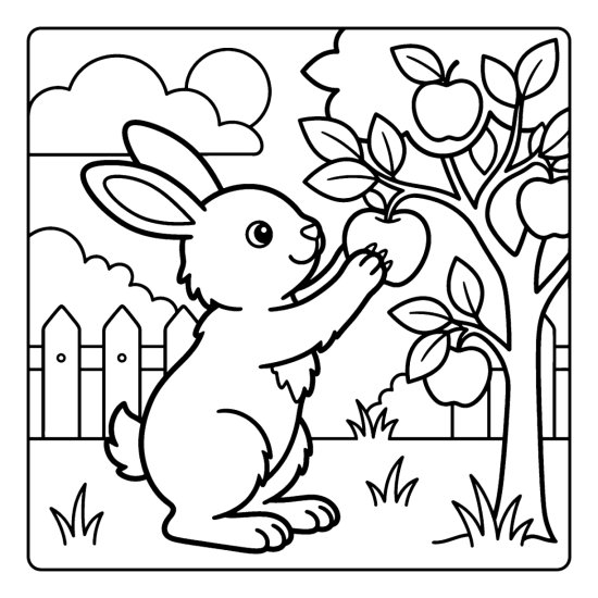 A bunny reaching up to a low apple on a small tree in a garden, coloring page