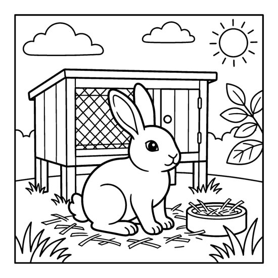 A bunny sitting in front of a wooden hutch with straw and a small bowl, coloring sheet