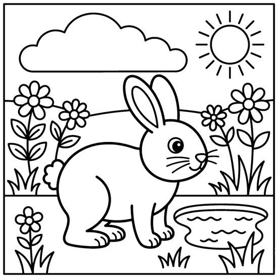 A bunny beside a small rain pool in a spring garden with flowers, coloring page