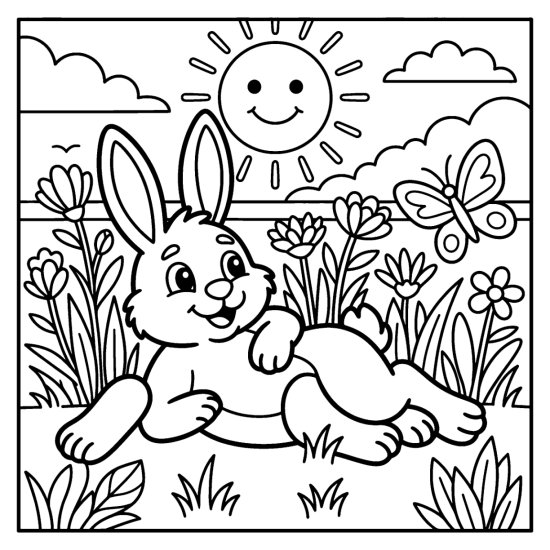 A bunny lying among tall wildflowers in a sunny field with a butterfly, coloring sheet