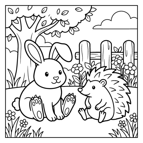 A bunny sitting beside a hedgehog in a garden with flowers and a fence, coloring page