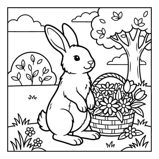 A bunny beside a basket spilling over with flowers in a garden, coloring sheet