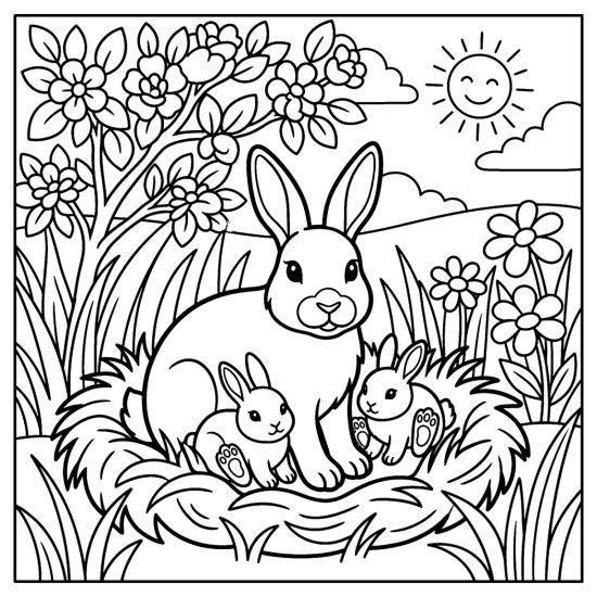 A mother bunny with two babies tucked in a grassy nest under a shrub, coloring page