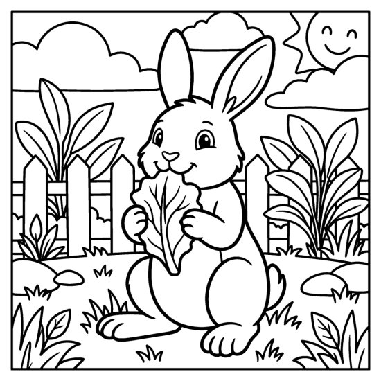 A bunny sitting up holding a big lettuce leaf in a garden with a fence, coloring sheet