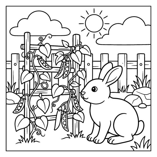 A bunny beside climbing pea pods on a wooden trellis in a garden, coloring page