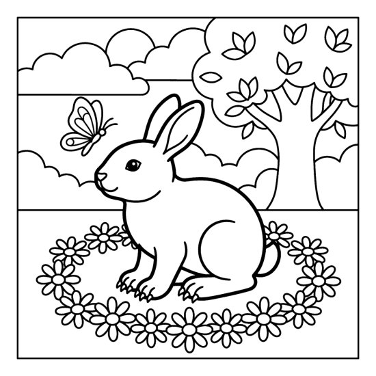 A bunny among a ring of daisies with a butterfly and tree behind, coloring sheet