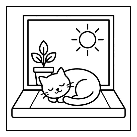 Cat napping on a windowsill in warm sunbeams with thick simple outlines coloring sheet