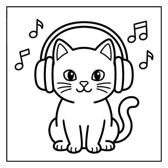 Cat wearing big headphones surrounded by music notes in bold lines coloring sheet