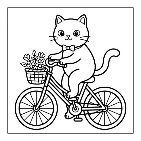Cat riding a bicycle drawn with large shapes and bold outlines coloring sheet