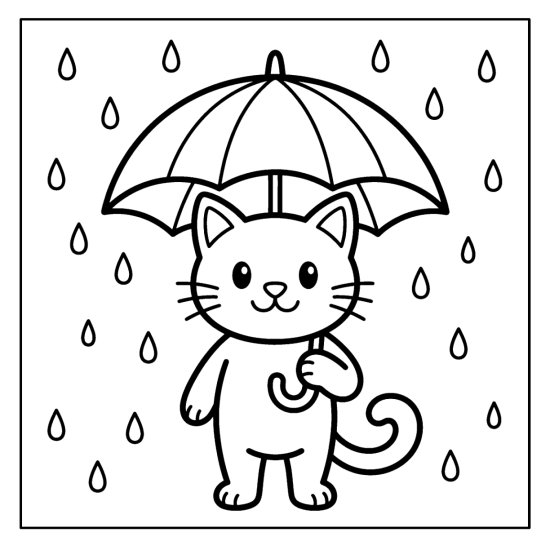 Cat holding an umbrella in the rain with bold rounded lines coloring sheet