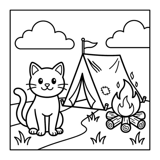 Cat camping beside a tent and small fire in bold outlines coloring page