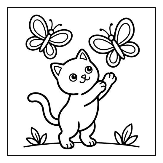Cat chasing a butterfly with thick simple outlines and open space coloring page