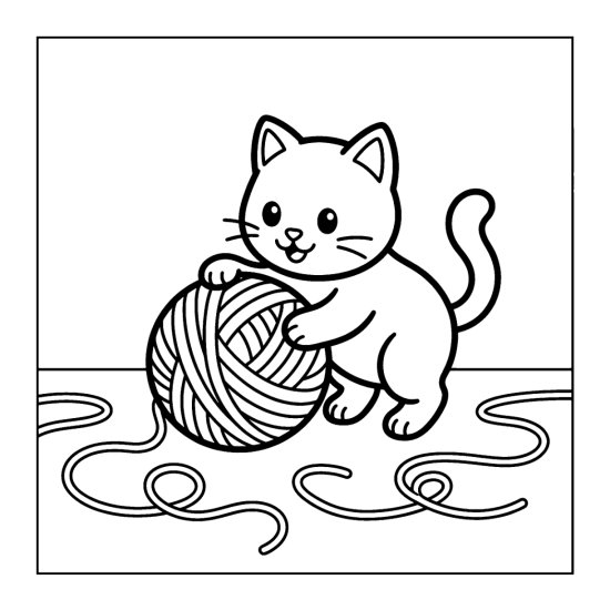 Playful cat batting a large ball of yarn with bold rounded lines coloring page