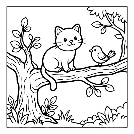 Cat climbing a tree with bold rounded branches and leaves coloring sheet
