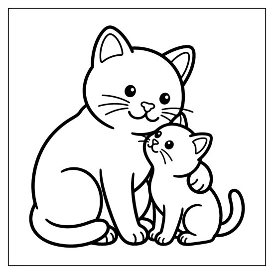 Mama cat hugging a small kitten drawn with bold simple shapes coloring page