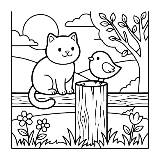 Cat meeting a small bird with thick beginner friendly outlines coloring sheet