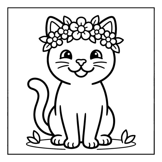 Cat wearing a flower crown with thick rounded outlines coloring page