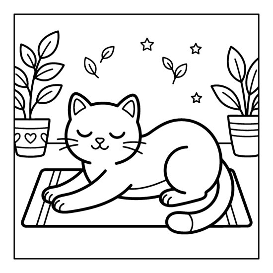 Cat doing a yoga stretch with bold clean outlines and open space coloring sheet