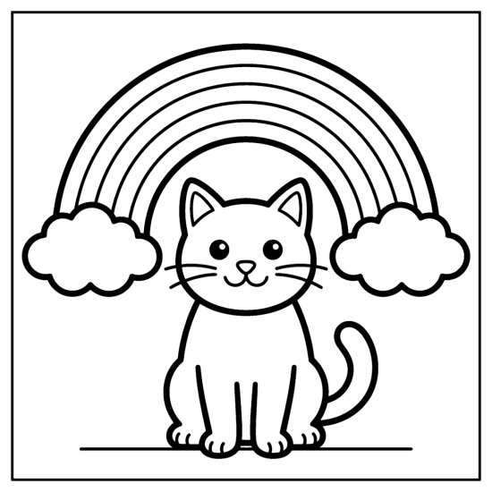 Cat sitting under a big rainbow with thick simple outlines coloring page